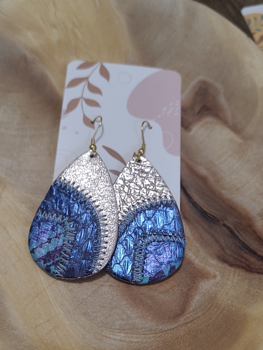 Blue And Gold Faux Leather Earrings